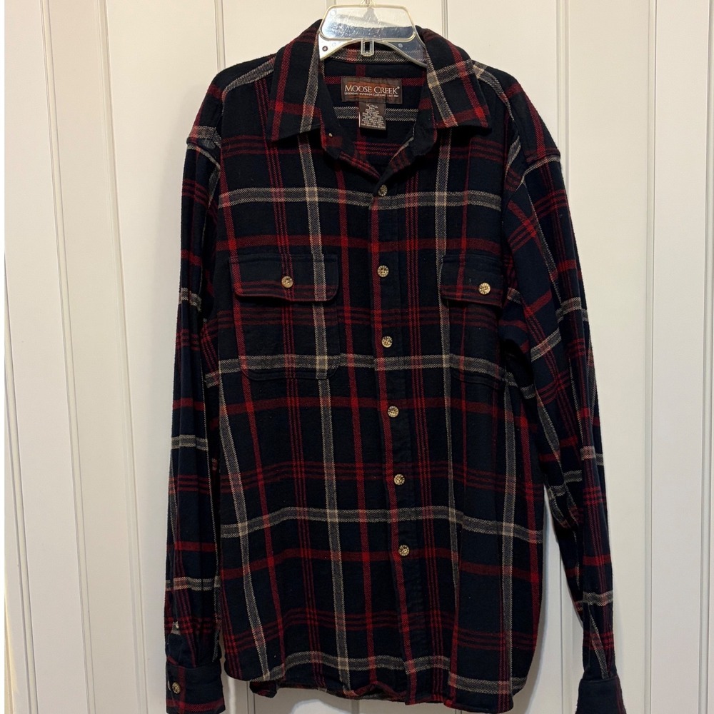 Moose Creek Mens XL Tall Flannel Shirt Navy Blue Red Plaid Cotton Button Down